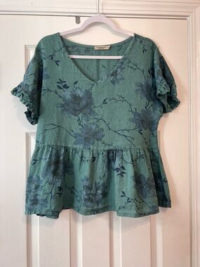 Valentina Naldi Italian Linen Peplum Blouse Floral Boho Cottagecore 100% Linen